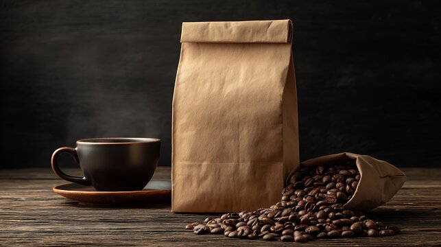 Brown paper coffee bag with spilled beans and steaming cup coffee beans brown paper bag