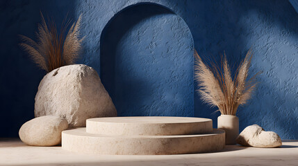 Empty podium for product display on an abstract navy background. Illustration of a product display advertising background.