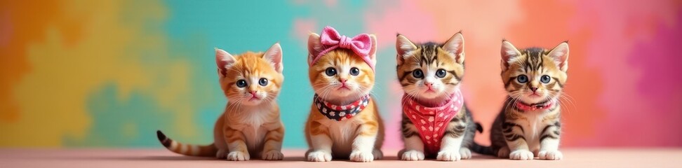 Funky attire, playful munchkin kittens, vibrant backdrop, invitation, whimsical, kittens