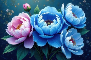 Full bloom blue peonies, three floral arrangements, lush painting , bouquet, three, summer