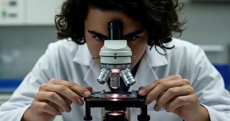 Scientist in a lab coat looking through a microscope in a laboratory setting. - Powered by Adobe