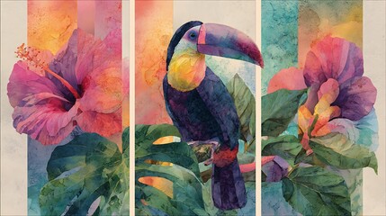 Obraz premium Colorful toucan bird with pink hibiscus flowers and green leaves on a multicolored background