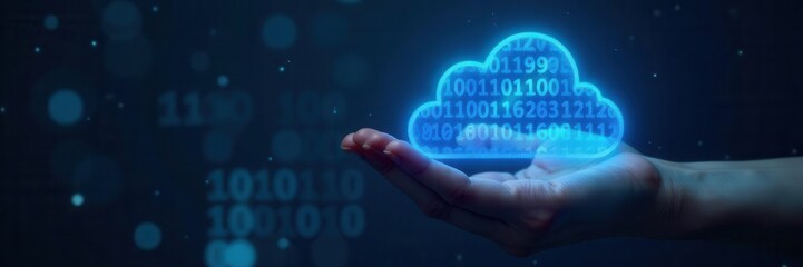 Glowing blue cloud data in hand, binary code Dark background , development, abstract background