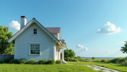 Gray house white trim, small, lovely blue sky background , real estate, daylight