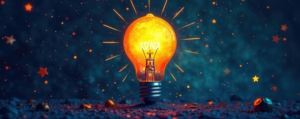 Hand-drawn bulb amidst swirling shapes & icons , illustration, colorful