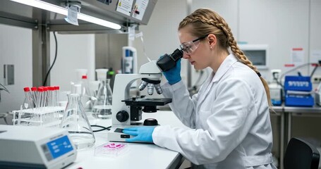 Scientist in a laboratory using a microscope for research analysis. - Powered by Adobe