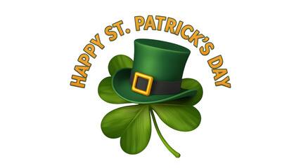 Green leprechaun hat sitting on a large four-leaf clover with Happy St. Patrick's Day text arching above for Irish holiday celebration.