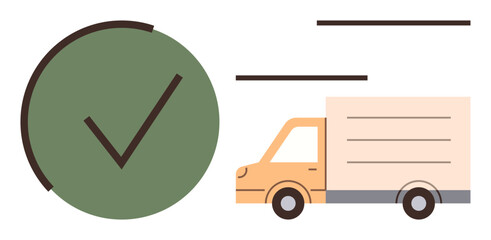 Orange delivery truck with motion lines and green checkmark signifying fast, reliable, and efficient service. Ideal for logistics, shipping, success, trust, confirmation, e-commerce and delivery