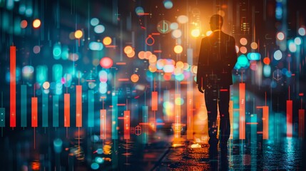 Businessman in suit observes city skyline at night with financial candlestick chart overlay