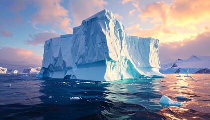 A majestic iceberg floats peacefully on calm, dark blue ocean waters, under a colorful sunset sky. Snow-capped mountains in the background