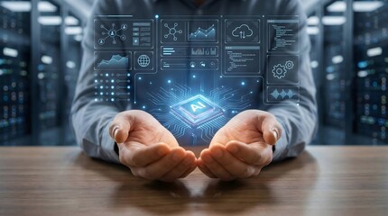 Human,hands,cupped,together,holding,a,glowing,AI,microchip,processor,with,digital,data,charts,and,coding,windows,floating,in,the,background,representing,the,future,of,computing,technology.