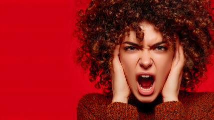A woman with curly brown hair with an angry expression on a red background with copy space for text. Illustration of an expression background.