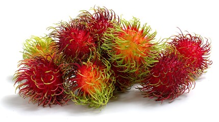 Rambutan fruits in red and green hues clustered together hairy