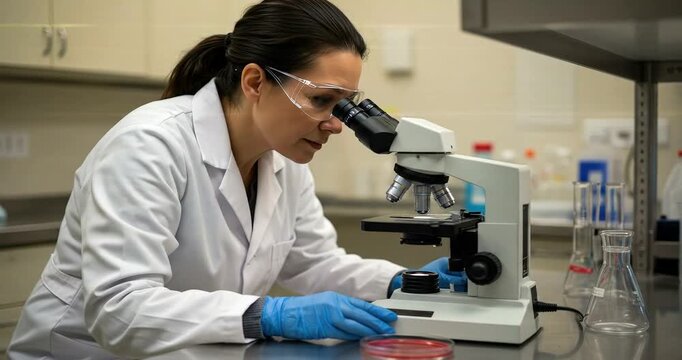 Scientist in Lab Analyzing Samples Under Microscope for Research.