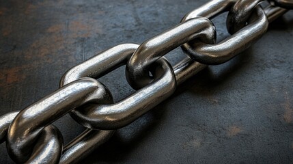 Fototapeta premium shackle. Two interlocking chain links on a dark surface, one partially obscured in shadow, metallic texture. safety posters.