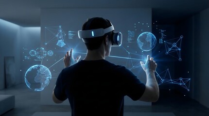 Man,wearing,advanced,VR,headset,interacting,with,futuristic,holographic,world,maps,and,digital,data,visualization,in,dark,virtual,reality,space,for,global,networking,and,high,tech,concept