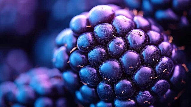 Close-up of vibrant blackberries with a deep purple and blue atmosphere.