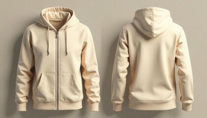 Beige full-zip hoodie, front and back views Close-up details shown , detail, beige
