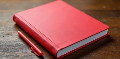 Blank red hardcover notebook on wooden table Ideal for planning, journaling, education , stationery, study
