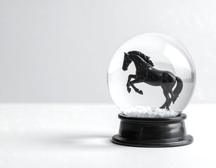 A monochrome horse figurine leaps within a snow globe, set against a bright, minimalist backdrop. The globe has a black base