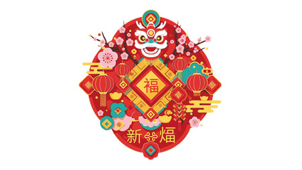 Vibrant ornament for Chinese New Year 2026 featuring a lion dance design with red, gold, and pink hues, including a lampoin, against a clean white background with a festive mood.