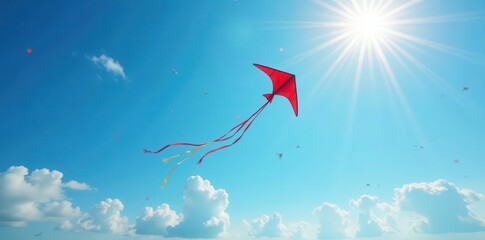 Bright kites dance on a vivid blue sky, windswept and free , kites, outdoor, bright