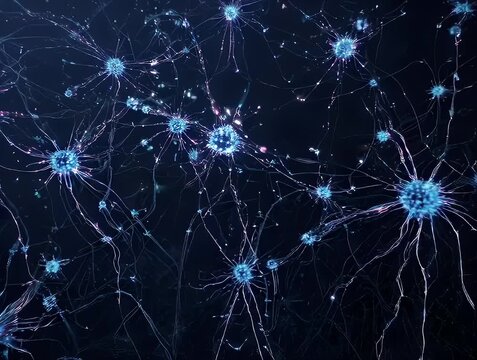Glowing blue neurons with stringy connections