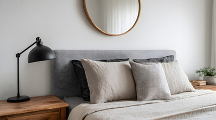 Gray bedroom with white walls and a night light. Illustration of a bedroom interior background.