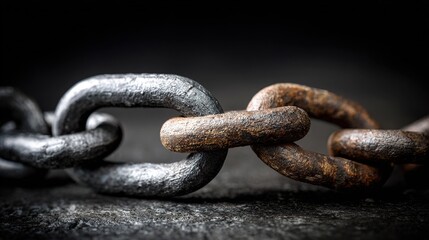 shackle. Two interlocking chain links on a dark surface, one partially obscured in shadow, metallic texture. safety posters.