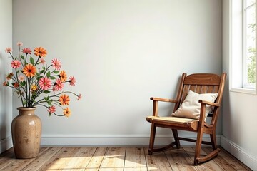 Cosy wooden chair, watercolor flowers Rustic charm , art, idyllic