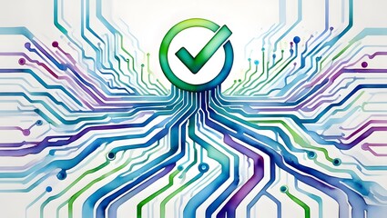 A conceptual watercolor art featuring a bright green check mark inside a circle, positioned at the center of a symmetrical, colorful digital circuit network. Symbolizing system approval, cybersecurity