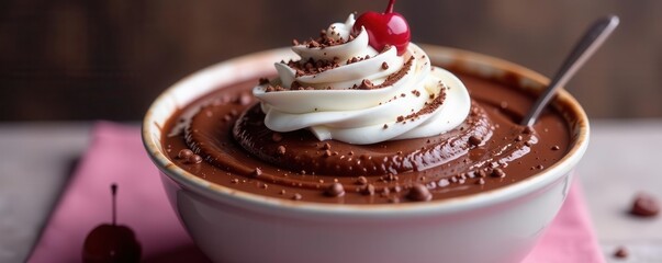 Decadent chocolate cherry mousse in bowl Swirled whipped cream topping Birthday treat , confectionery, rich