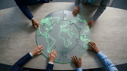 Diverse,business,team,hands,assembling,world,map,jigsaw,puzzle,on,office,table,representing,global,cooperation,international,partnership,unity,and,worldwide,strategic,collaboration