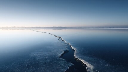 precarious. Mirror-like ice surface reflecting sky, dark water visible beneath crack. travel magazines, destination branding, designed for outdoor magazines and nature guides, used by travel agents.