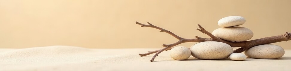 Dry branch and stones on neutral beige Abstract natural scene for branding , still life, commercial, dry