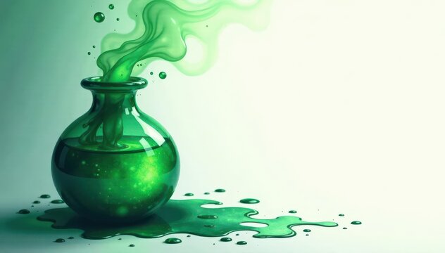 Dark green bubbling potion, ominous swirl Hand-painted digital watercolor , creepy, elixir
