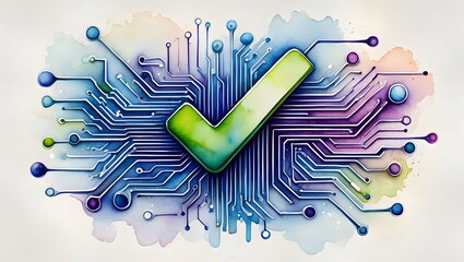 A creative watercolor painting featuring a prominent green check mark icon at the center of a complex blue and purple digital circuit board. Symbolizing cybersecurity approval, verified technology, an