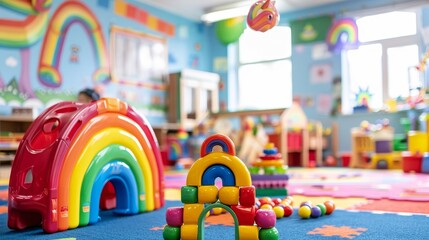 Chic playroom interior with wooden furnishings and vibrant toys for a child care facility
