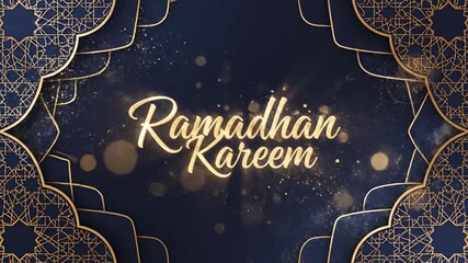 A digital ramadan greeting background with golden arabesque patterns and 'Ramadhan Kareem' text in elegant script on a dark blue starry night sky