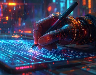 A robotic hand, integrated with digital circuitry, writes code on a glowing tablet, under a futuristic cityscape with rain