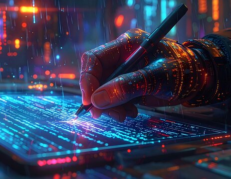 A robotic hand, integrated with digital circuitry, writes code on a glowing tablet, under a futuristic cityscape with rain - Powered by Adobe