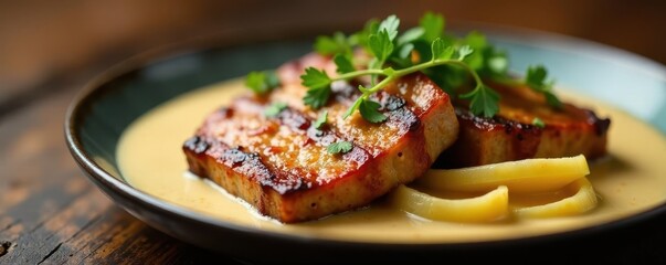 Grilled pork in rich cream sauce, modern BBQ twist, delicious, gourmet