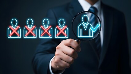 Fototapeta premium Businessman uses magnifying glass to select the right candidate for a job.