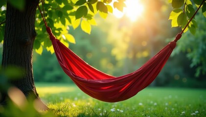 Hanging hammock, sunlight filters through leaves , bright, summer