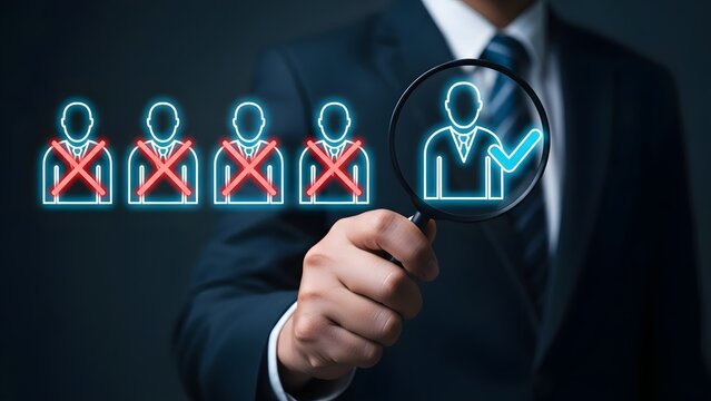 Businessman uses magnifying glass to select the right candidate for a job.