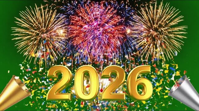 Bouncing Animation happy new year 2026, fireworks and exploding confetti on green screen