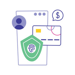 Mobile banking app interface on smartphone screen, vector flat cartoon illustration of account and bank card management. Fingerprint protection, user profile and dollar sign, online banking security