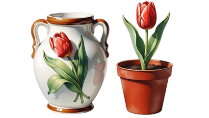 Happy mother's day tulip bouquet in vase and pot isolated on transparent background