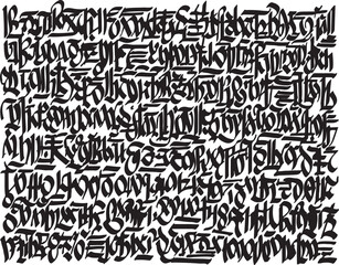 Obraz premium Abstract Black Calligraphy Letters Pattern. Gothic Graffiti Style Text Background.