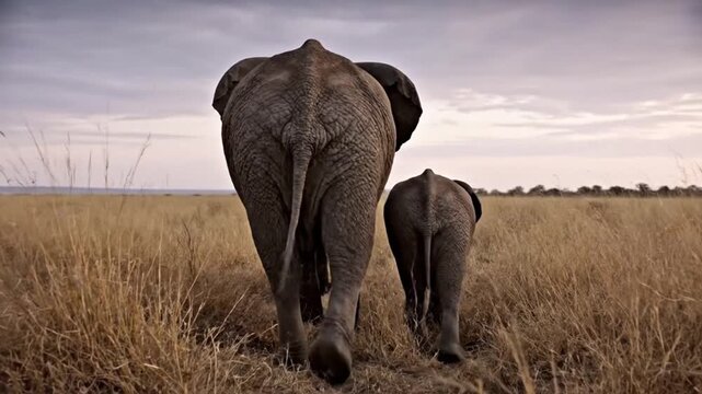 An adult elephant and its young calf walk away into the expansive, golden savanna landscape under a softly lit, overcast sky. The powerful backs of the elephants are visible as they move steadily thro